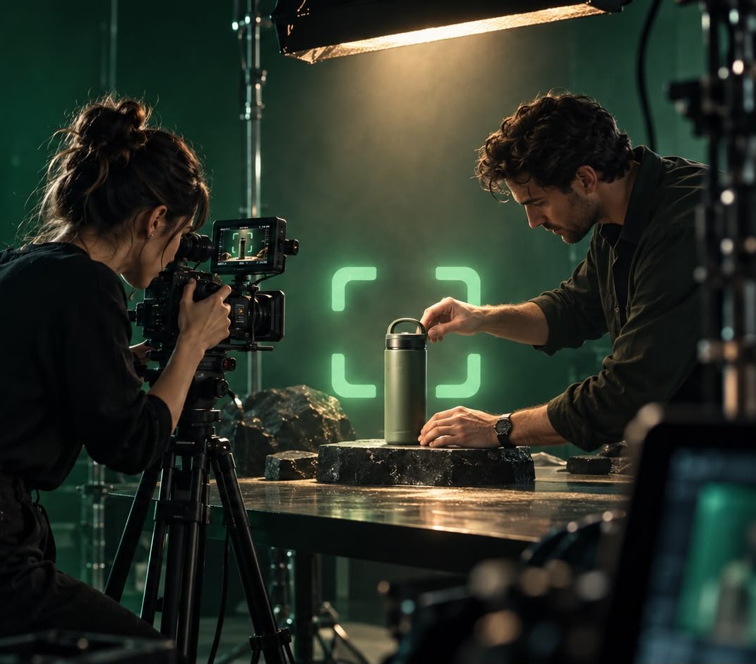 A UGC shoot on set: a creator behind the camera and a product under the light