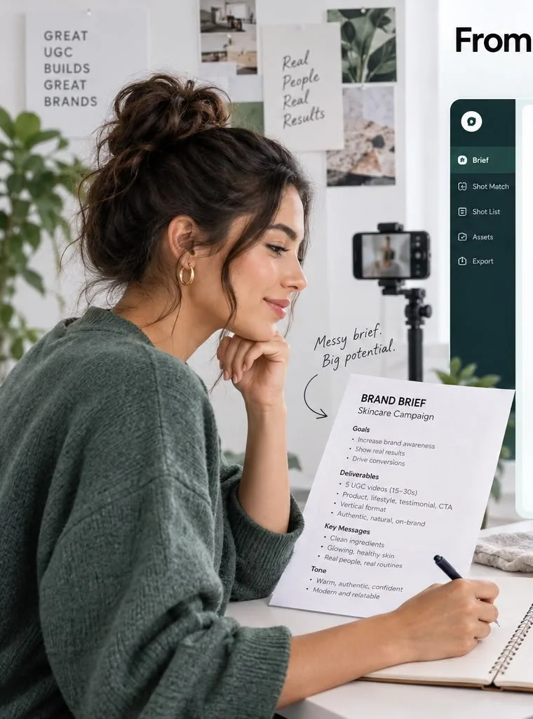 A UGC creator at her desk, turning a brand brief into a shot list.